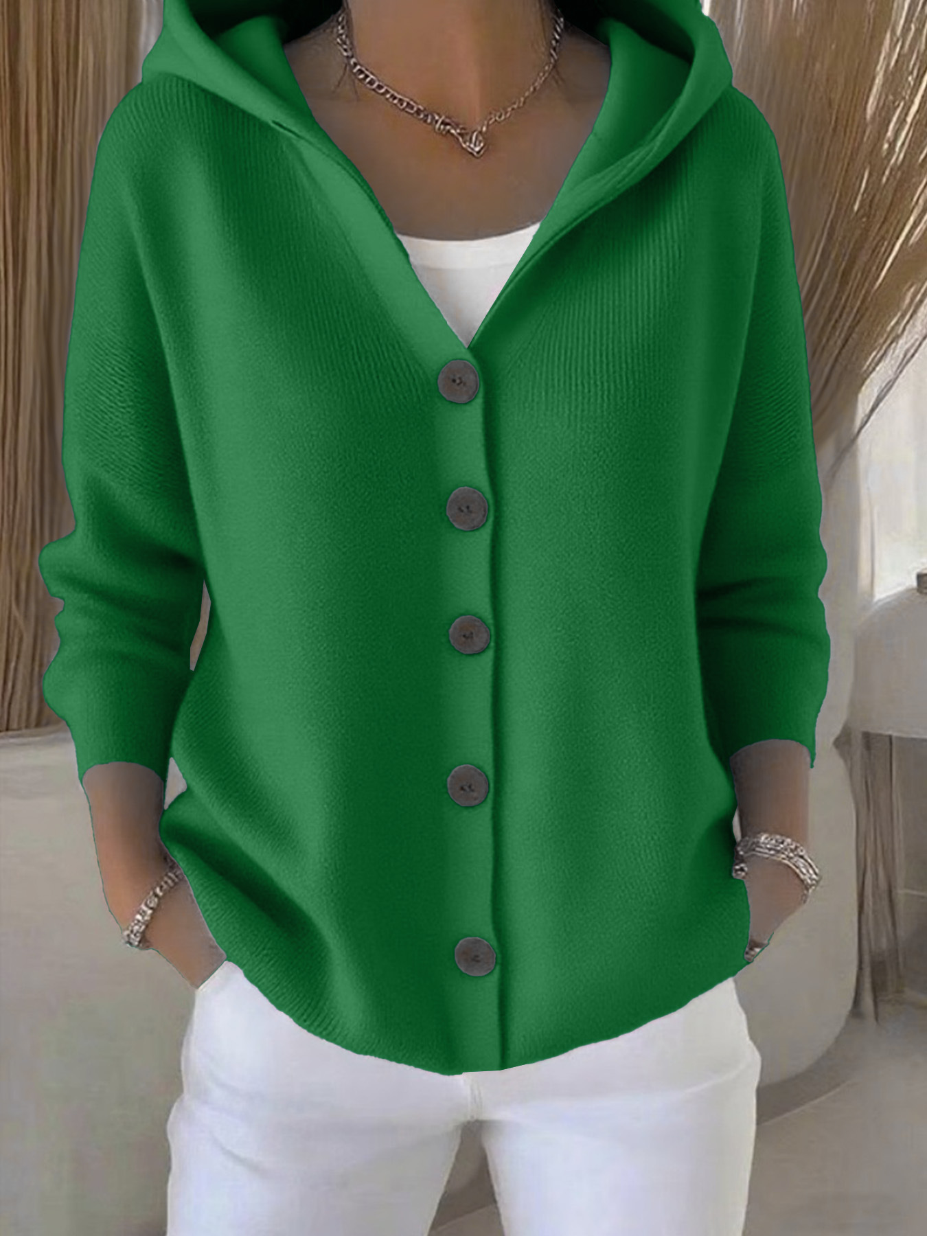 Hooded Knit Cardigan Women Solid Color Casual Sweater Coat