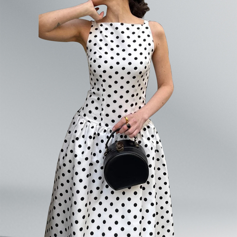 Polka Dot High-Waist Ruched Sleeveless Long Dress