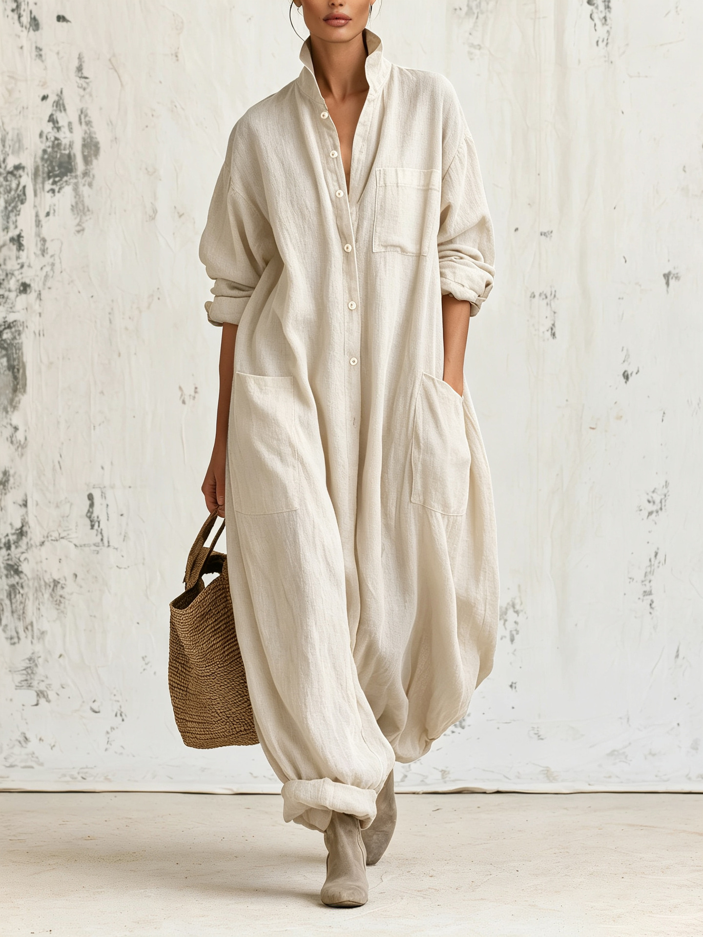 Linen Long Sleeve Jumpsuit with Stand Collar, Button Front, Cargo Pockets, Wide Leg