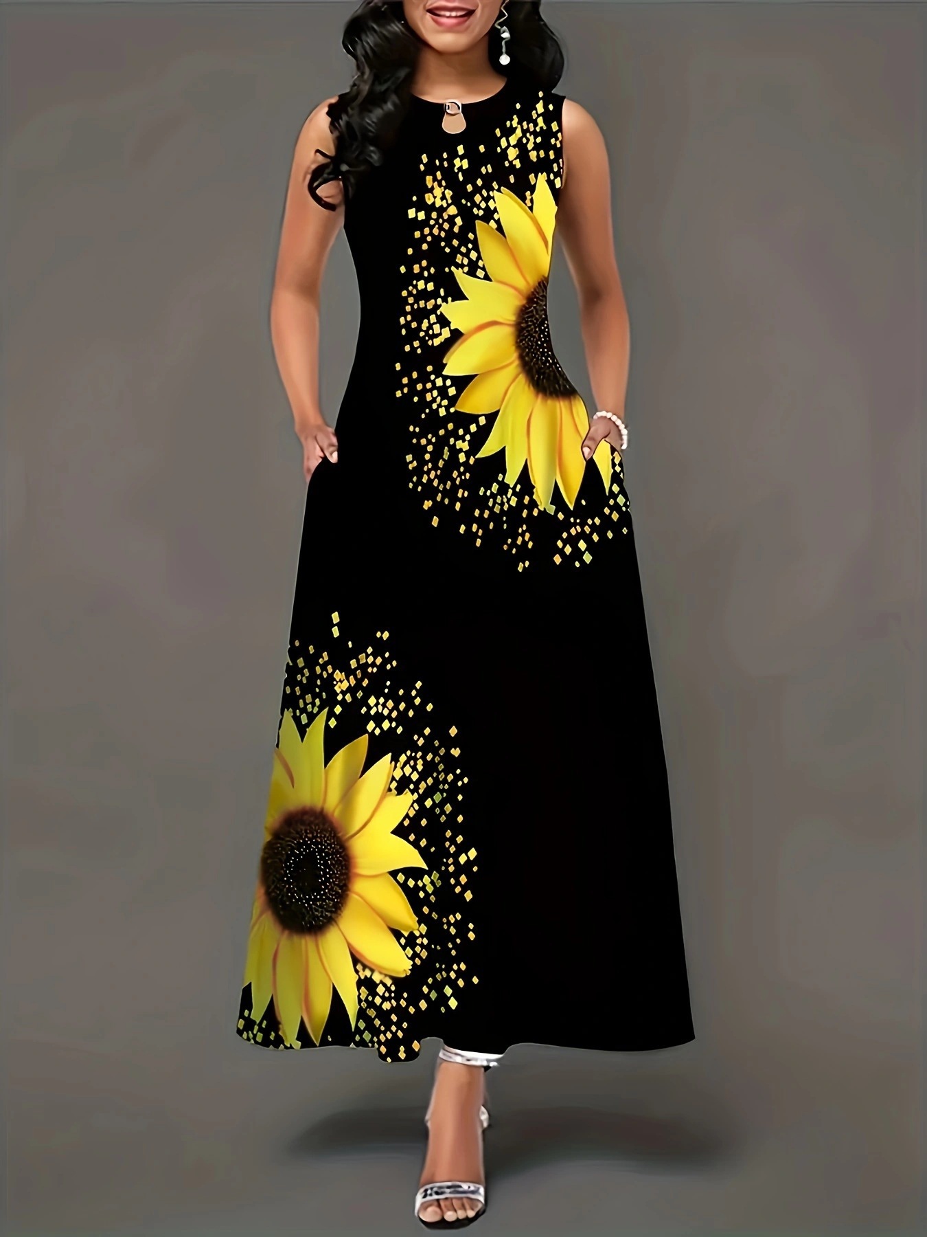 Women's Sleeveless Bohemian Maxi Dress with Placement Print and Flared A-Line Skirt