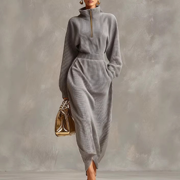 Light Gray Waffle Knit Long Sleeve Front Zip Collared Maxi Dress