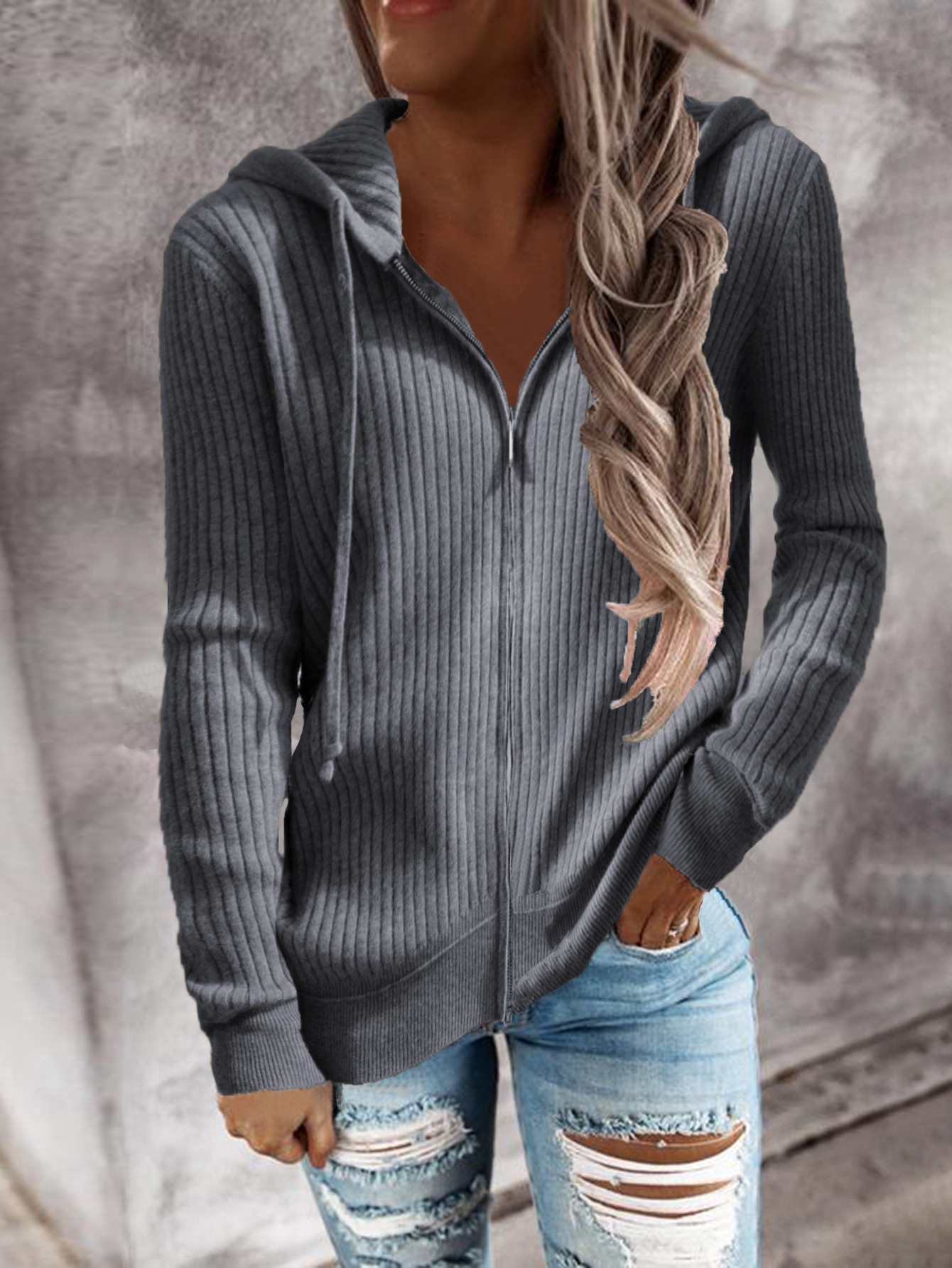 Striped Hooded Zip-Up Cardigan Sweater Women Loose Knit Long Sleeve