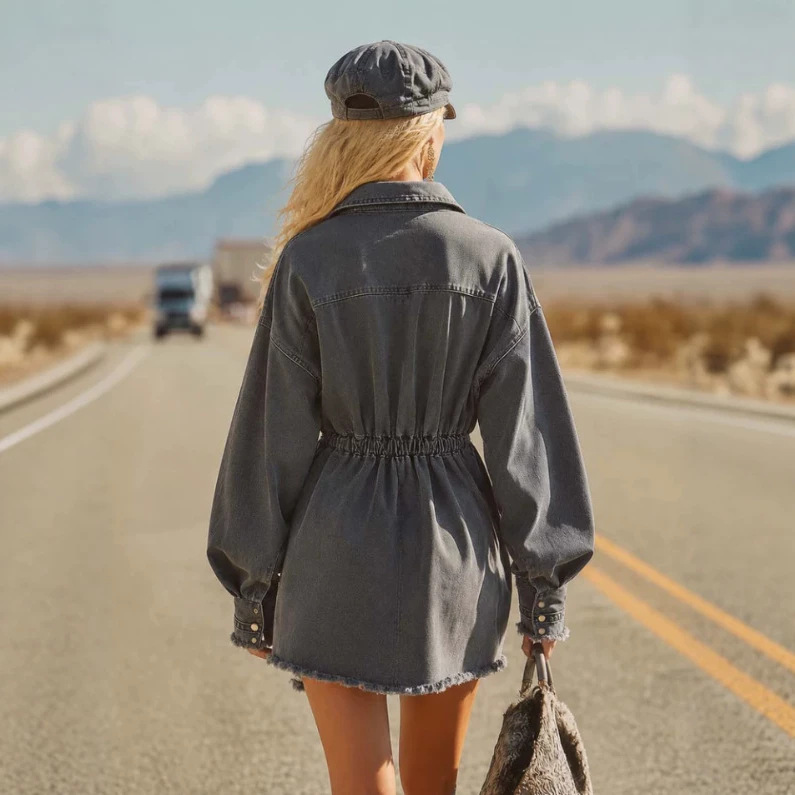 Gray Denim Mini Skirt with Collar and Button-Front, High-Waisted