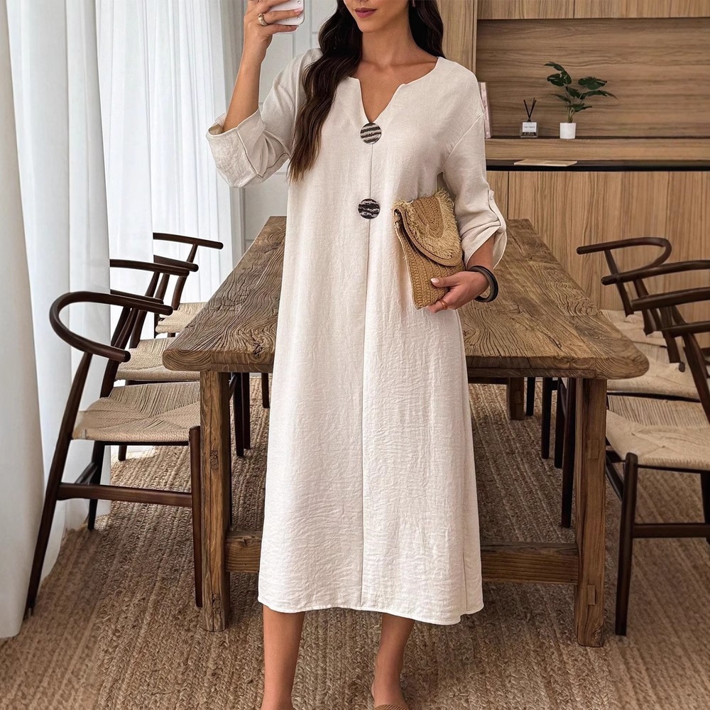 Women's Casual V-Neck Long Sleeve Cotton-Blend Solid Color Long Dress