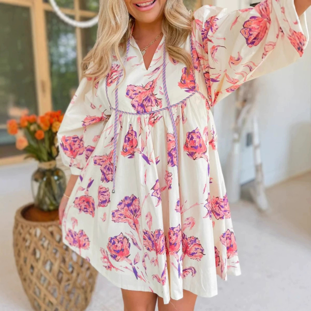 Floral Print Puff Sleeve Waist-Cinching Short Dress