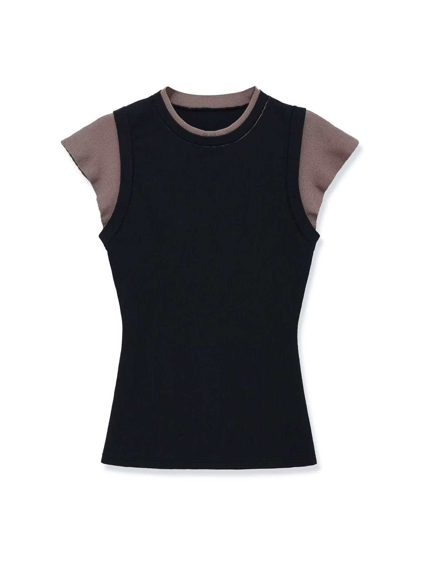 Retro Color-Block Knit Top with Flutter Sleeves