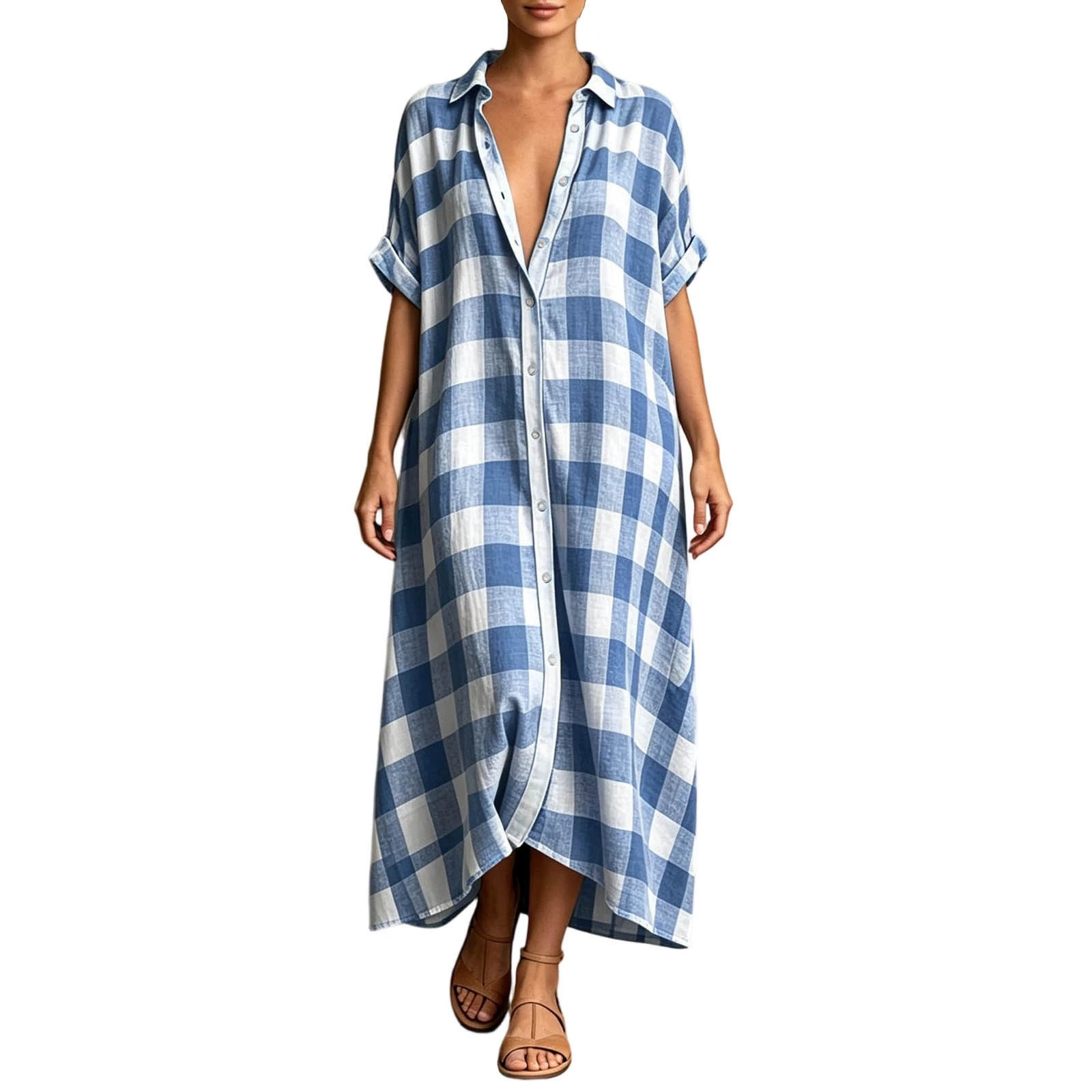 Women's Loose Plaid Shirt Dress Collared Button-Front Short Sleeve Long Vacation Dress