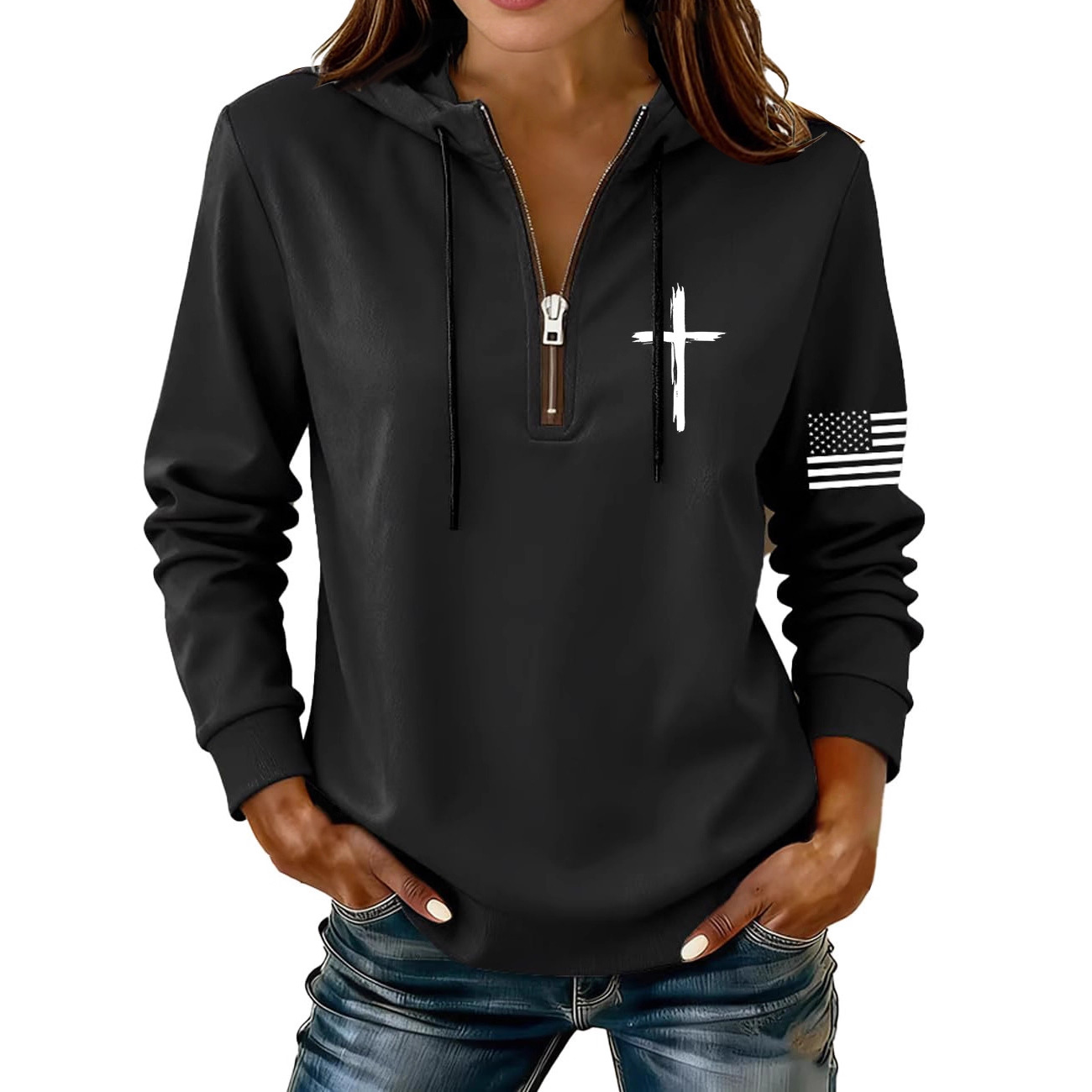 Cross & American Flag Print Half-Zip Hoodie