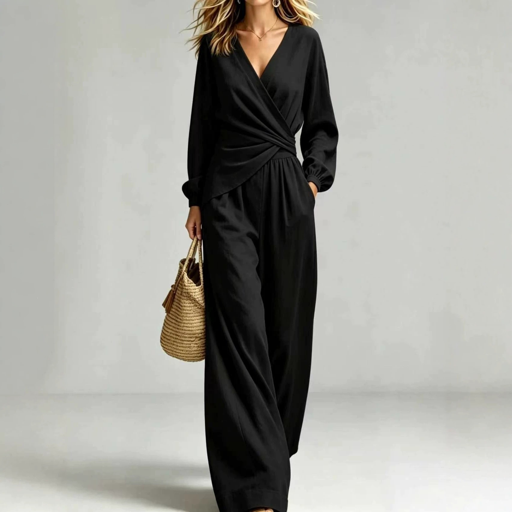 Women's Puff Sleeve Two-Piece Pant Set Slimming Elegant