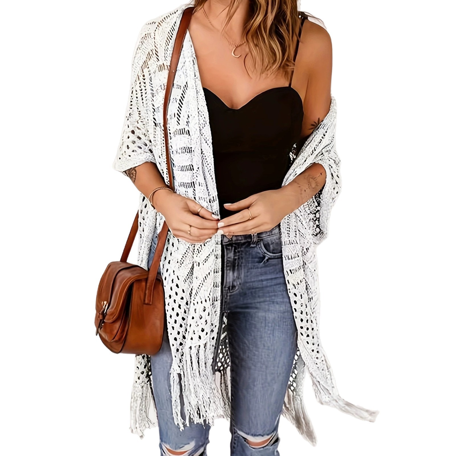 Plus Size Sheer Fringe Knit Bikini Cover-Up Beach Cardigan