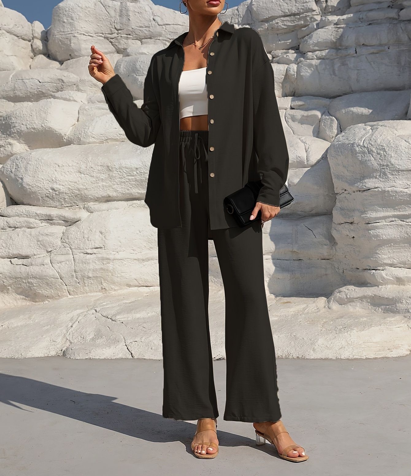 Women's Plus Size Long Sleeve Cardigan & Pants Two-Piece Set Solid Color Casual