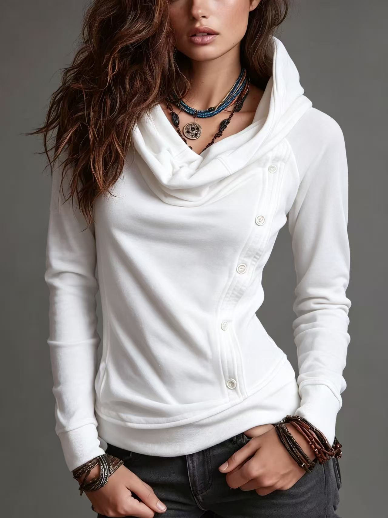 Retro High Neck Hooded Button Pullover Sweatshirt for Women