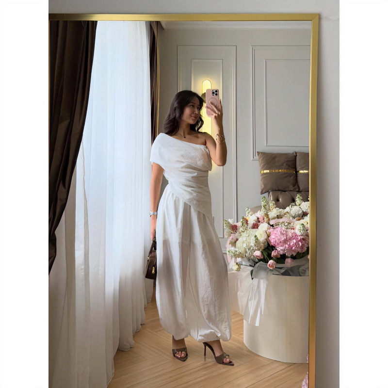 Women's Summer One-Shoulder Short-Sleeve Top & Wide-Leg Pants Set Solid Color