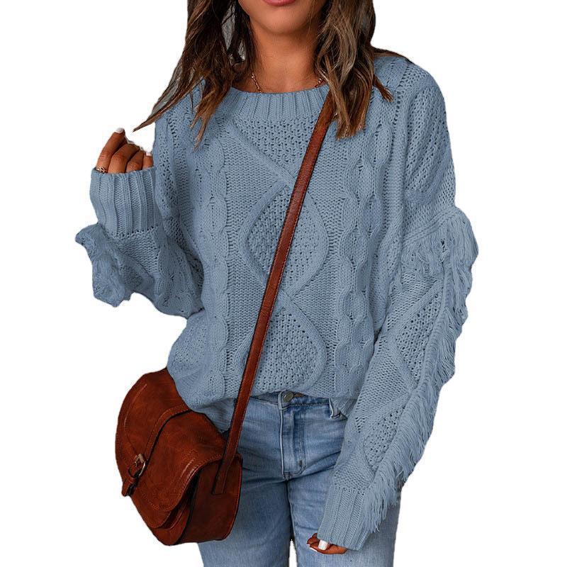 Women's Loose Diamond Quilted Fringe Pullover Sweater