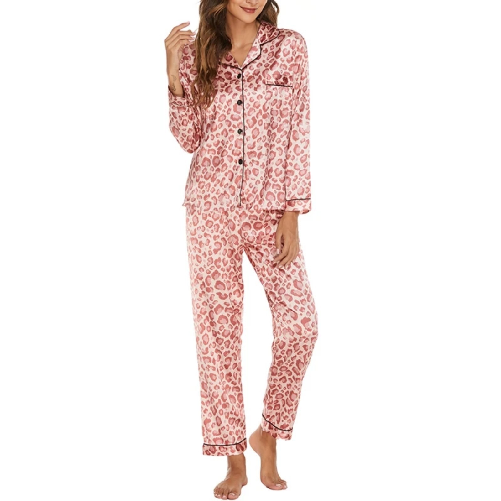 Women's Cuban Collar Polka Dot Leopard Moon Print Long Sleeve Loungewear Set