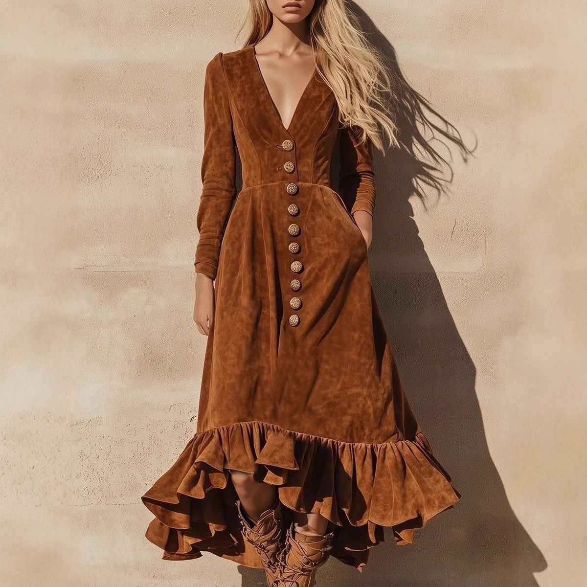 Western Vintage Velvet V-Neck Buttoned Waist Ruffle Maxi Dress