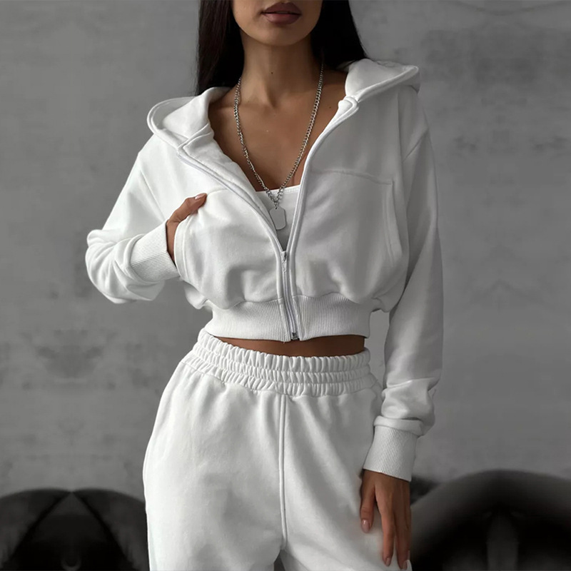 Sexy Cropped Hooded Cardigan and Pants Set Long Sleeve