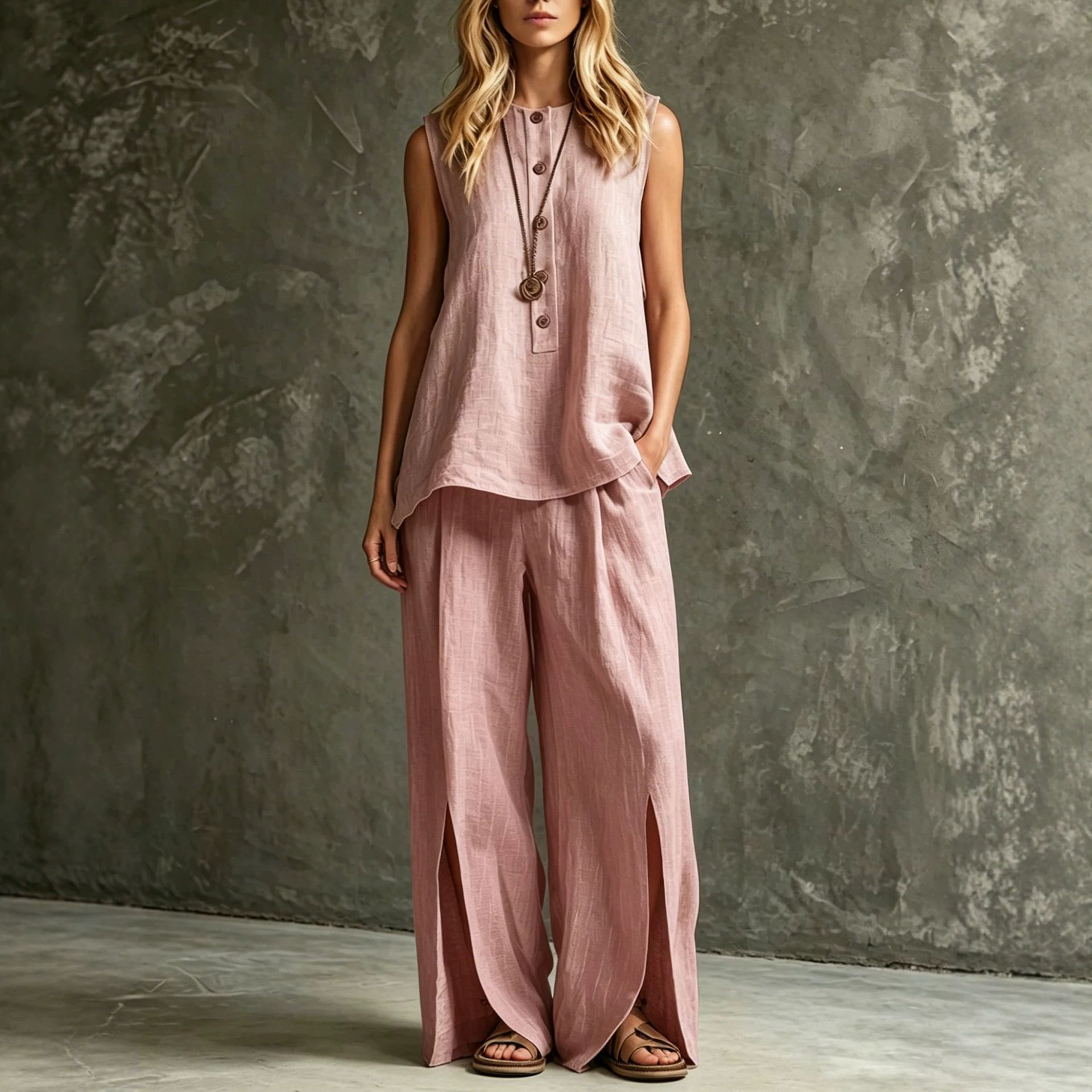 Women's Sleeveless Tank Top and Split Wide-Leg Pants Two-Piece Set