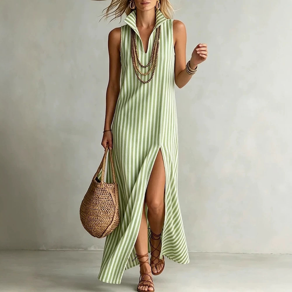 Striped Tie-Neck Sleeveless Slit Midi Dress Casual Loose Fit