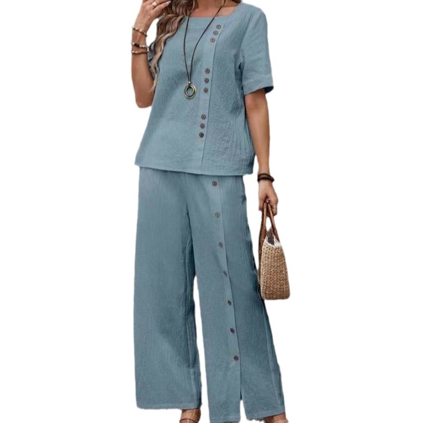 Cotton-Linen Two-Piece Set Short-Sleeve Button Top & Wide-Leg Pants