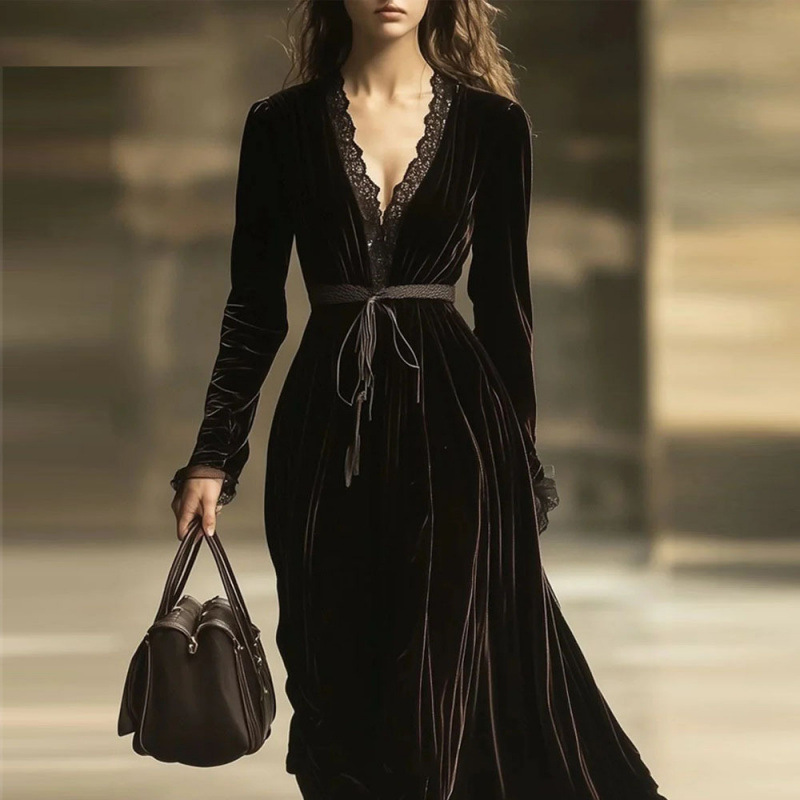 French Vintage Velvet V-Neck Slip Dress