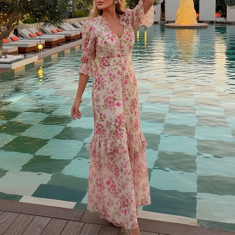 Women's French Vintage Floral Ruffle Strap Midi Dress
