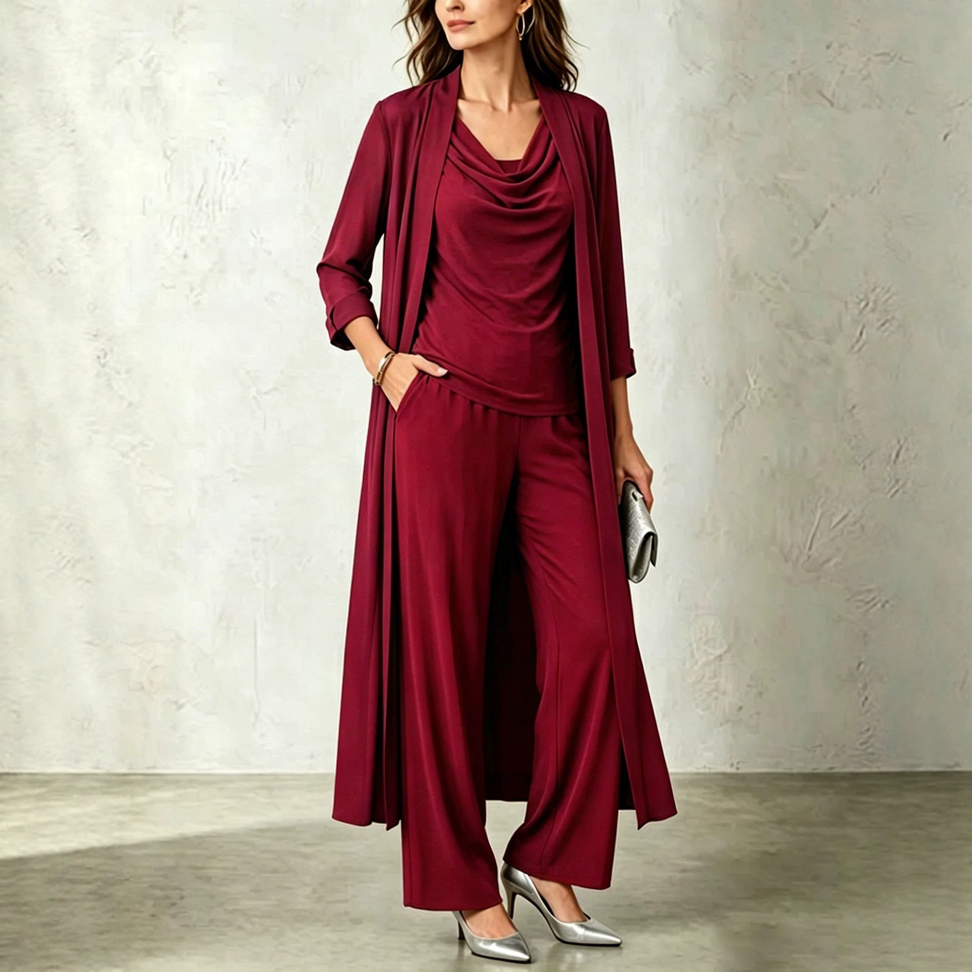 Women's Minimalist Long-Sleeve Draped-Neck Cardigan & Pants 3-Piece Set