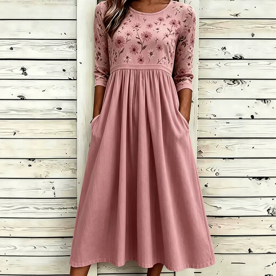 Women's Floral Print Pleated Midi Dress Round Neck Five-Sleeve Slim Fit