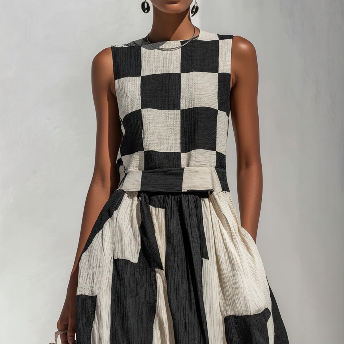 Black and White Plaid Sleeveless A-Line Maxi Dress