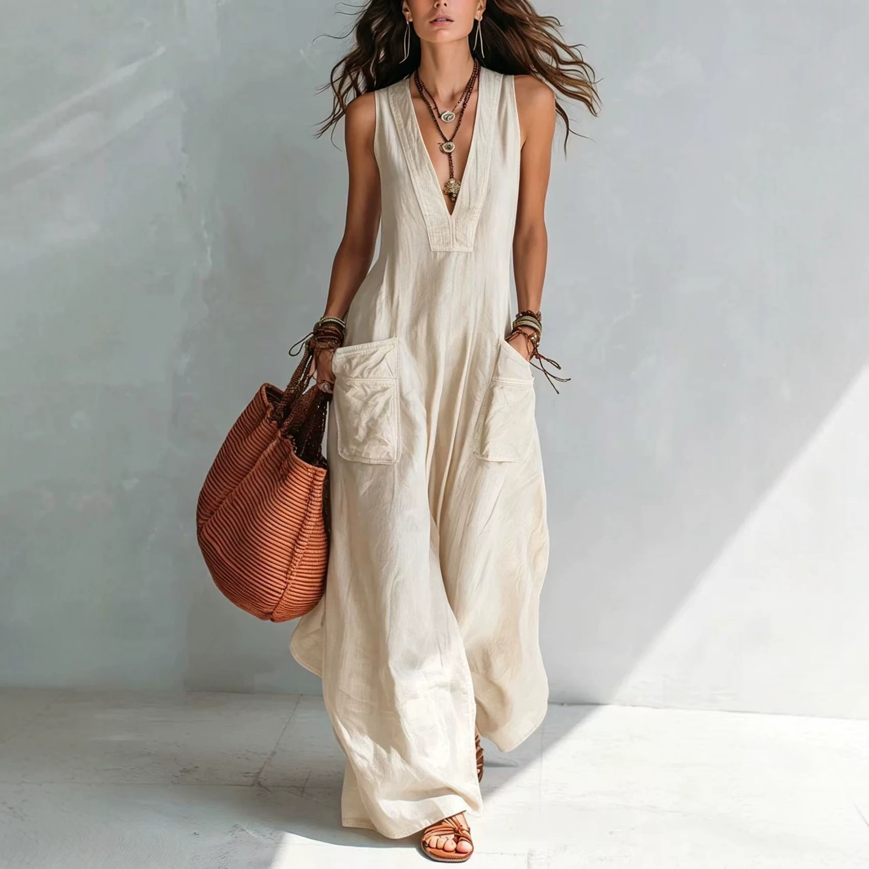 Sleeveless V-Neck Wide-Leg Jumpsuit with Pockets