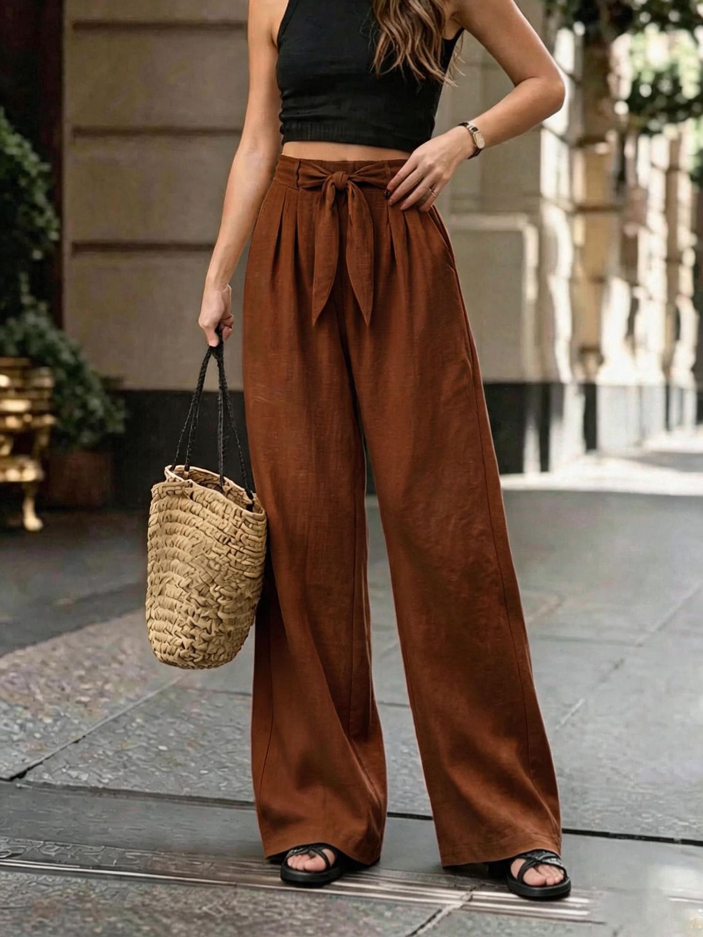 Faux Linen Wide-Leg Pants with Bow Tie Belt, Loose Solid Casual