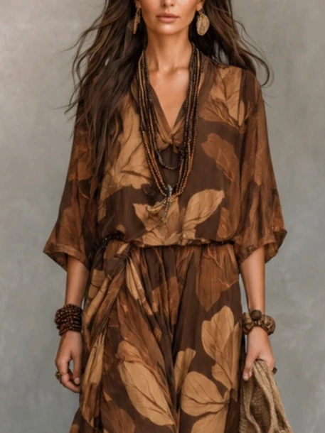 Vintage Brown Large Leaf Print V-Neck Midi Sleeve Cinched Waist Asymmetric Flowy Maxi Dress