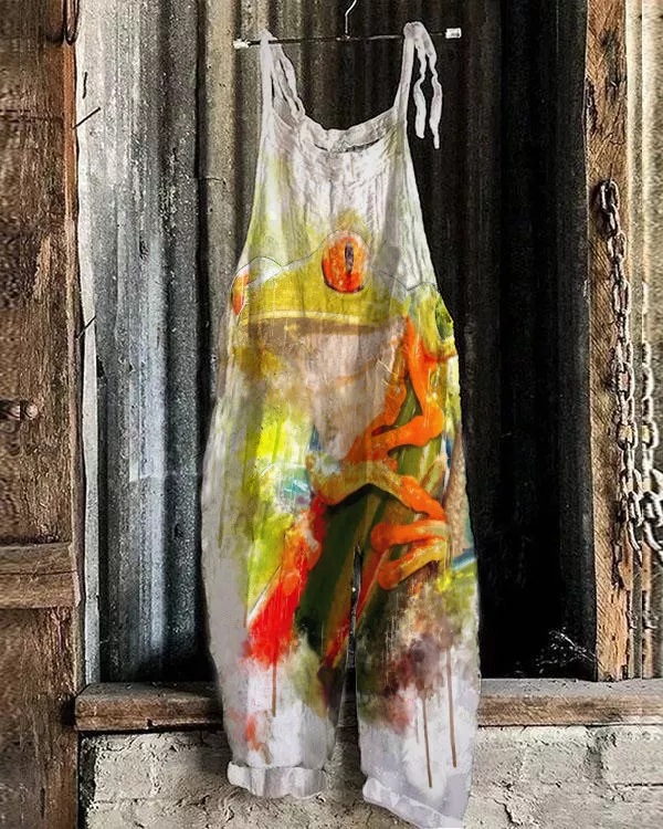 Women's Printed Cotton-Linen Cami Jumpsuit Sleeveless Wide-Leg Beach Romper