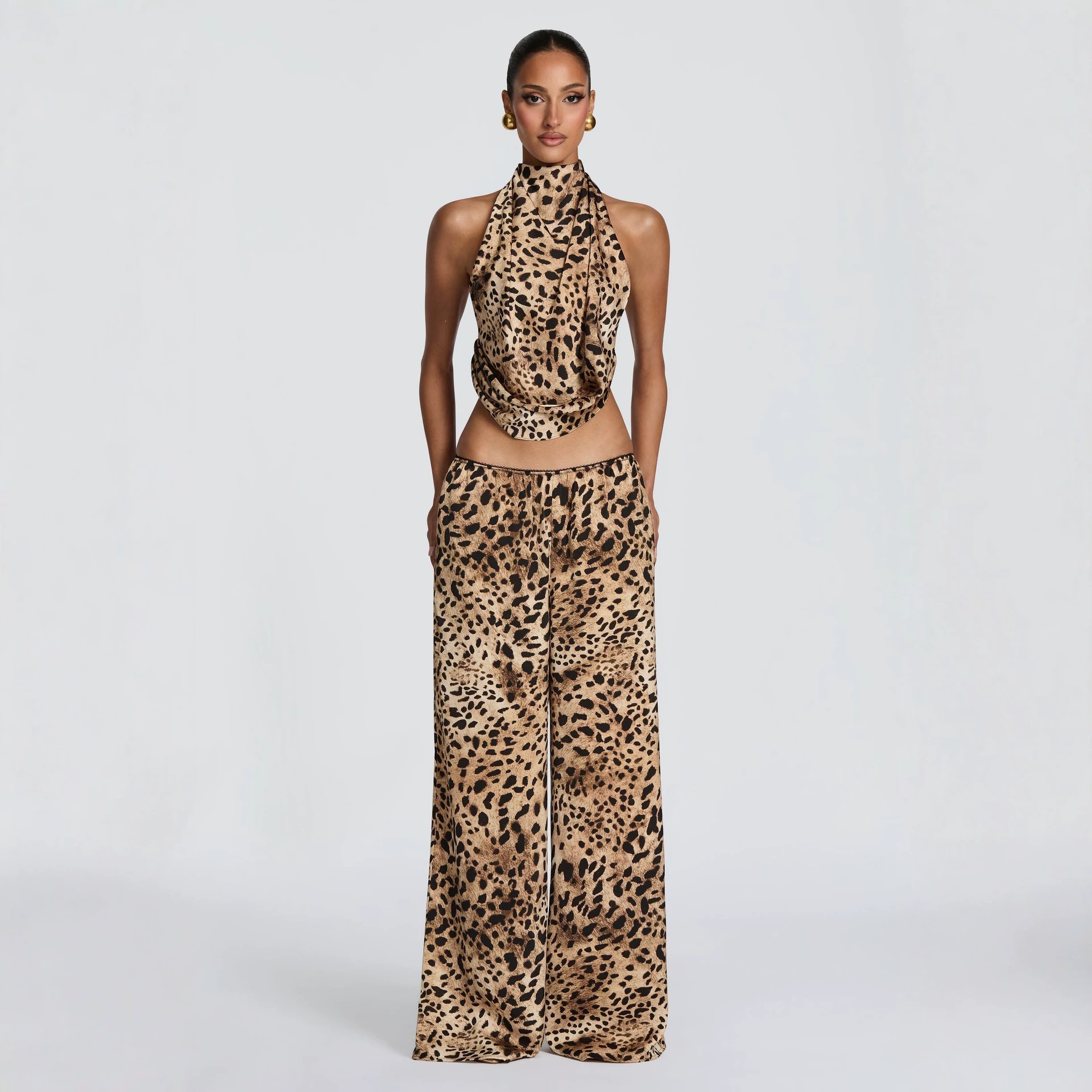 Women's Sleeveless Draped Neck Crop Top and Wide-Leg Pants Two-Piece Set