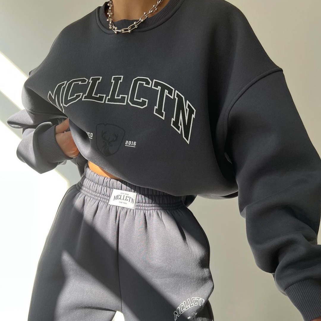 Women's Casual Print Fleece-Lined Sweatshirt and Pants Set