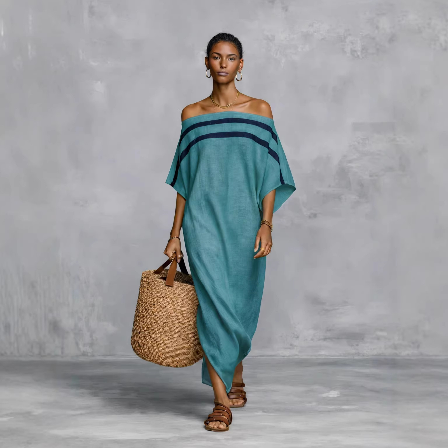 Off-Shoulder Maxi Dress with Batwing Sleeves