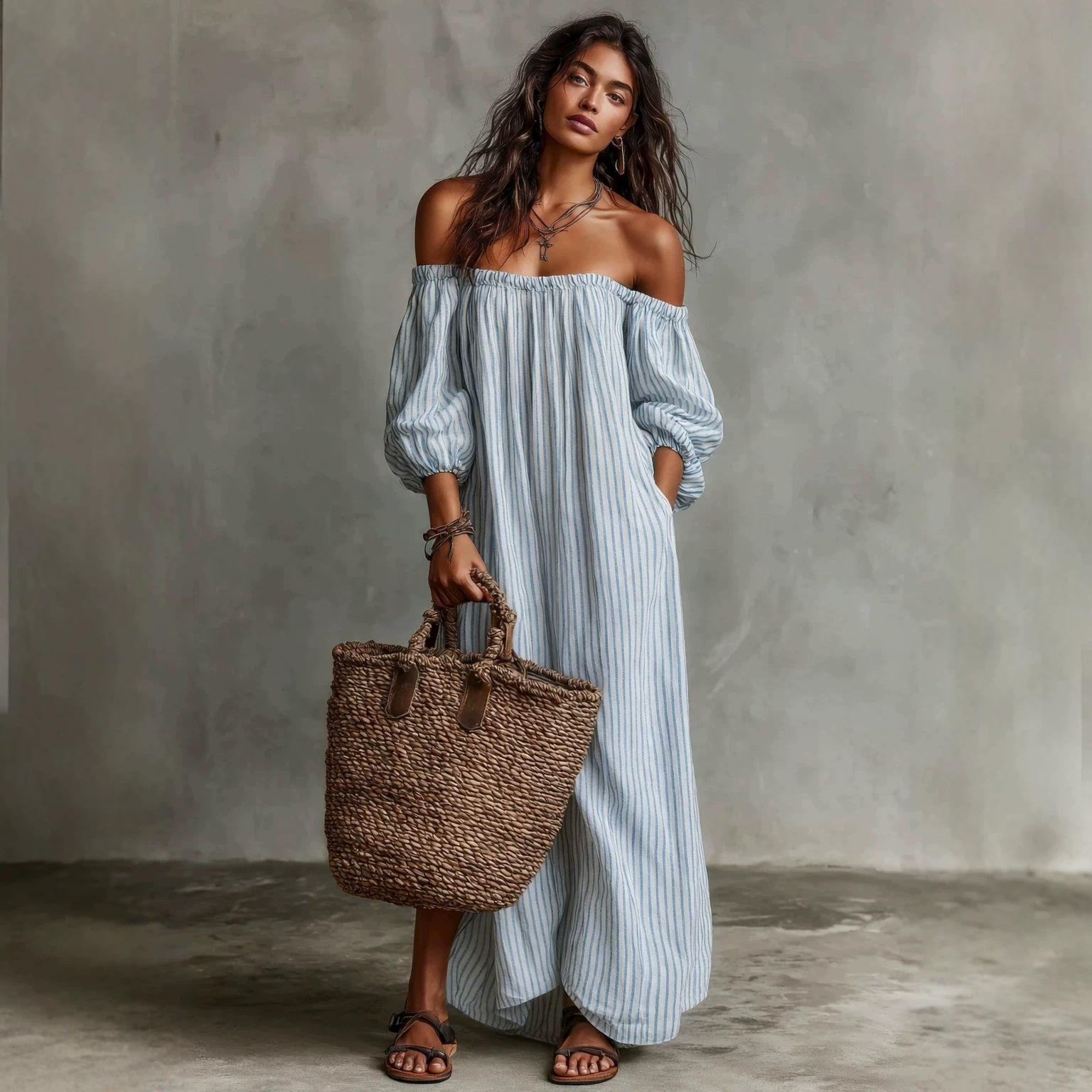 Striped Off-Shoulder Cotton-Linen Maxi Dress