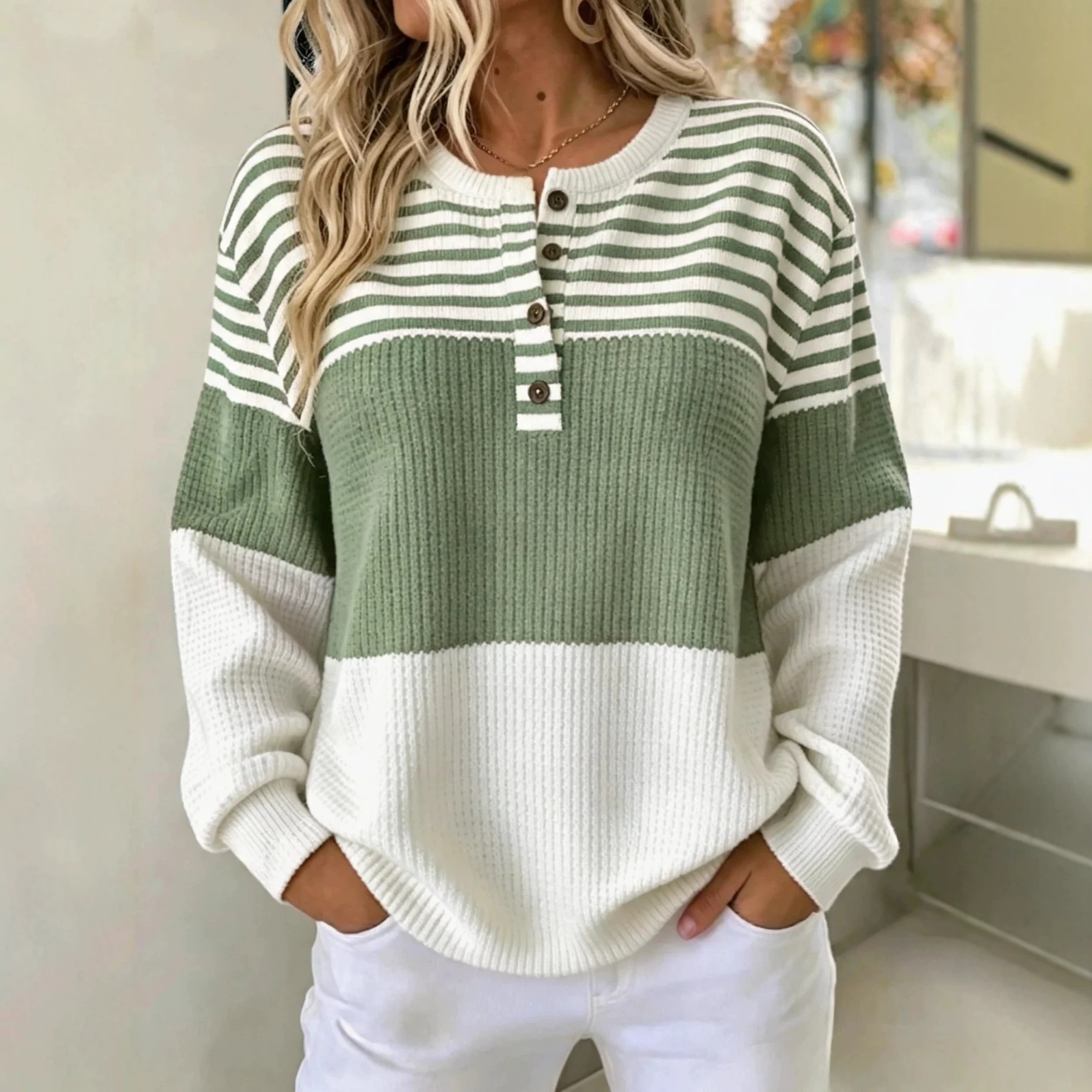 Women's Retro Striped Print Buttoned Casual Sweatshirt
