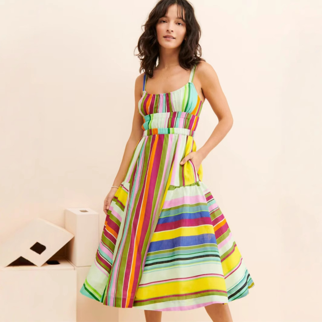 Colorful Striped Backless Tassel Tie Big Swing Cami Dress