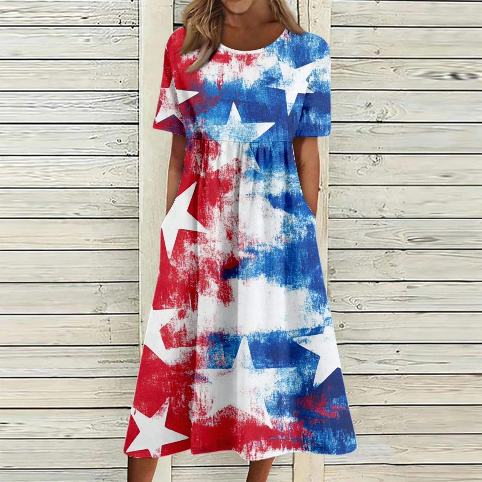 Women's Star Floral Print Ruched Midi Dress Short Sleeve Crew Neck