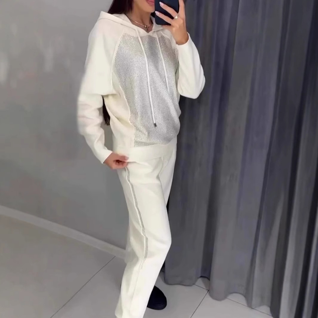 Women's Casual Hooded Rhinestone Sweatsuit with Pockets
