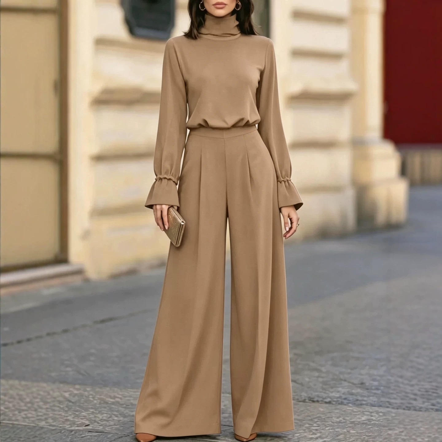 Women's Mock Neck Solid Top and High-Waist Wide-Leg Pants Two-Piece Set