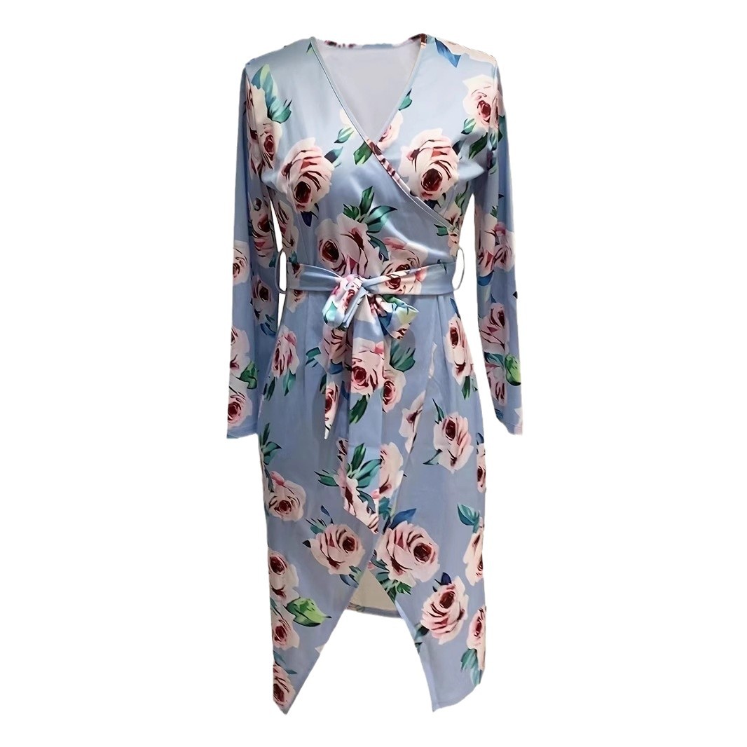 V-Neck Floral Print Tie Bodycon Midi Dress