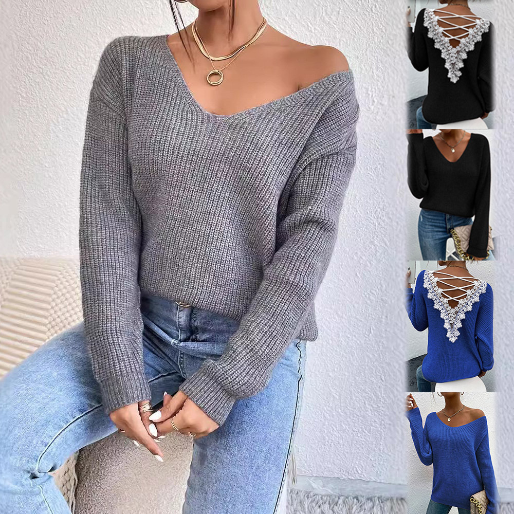 French Lace V-Neck Open-Back Long-Sleeve Sweater