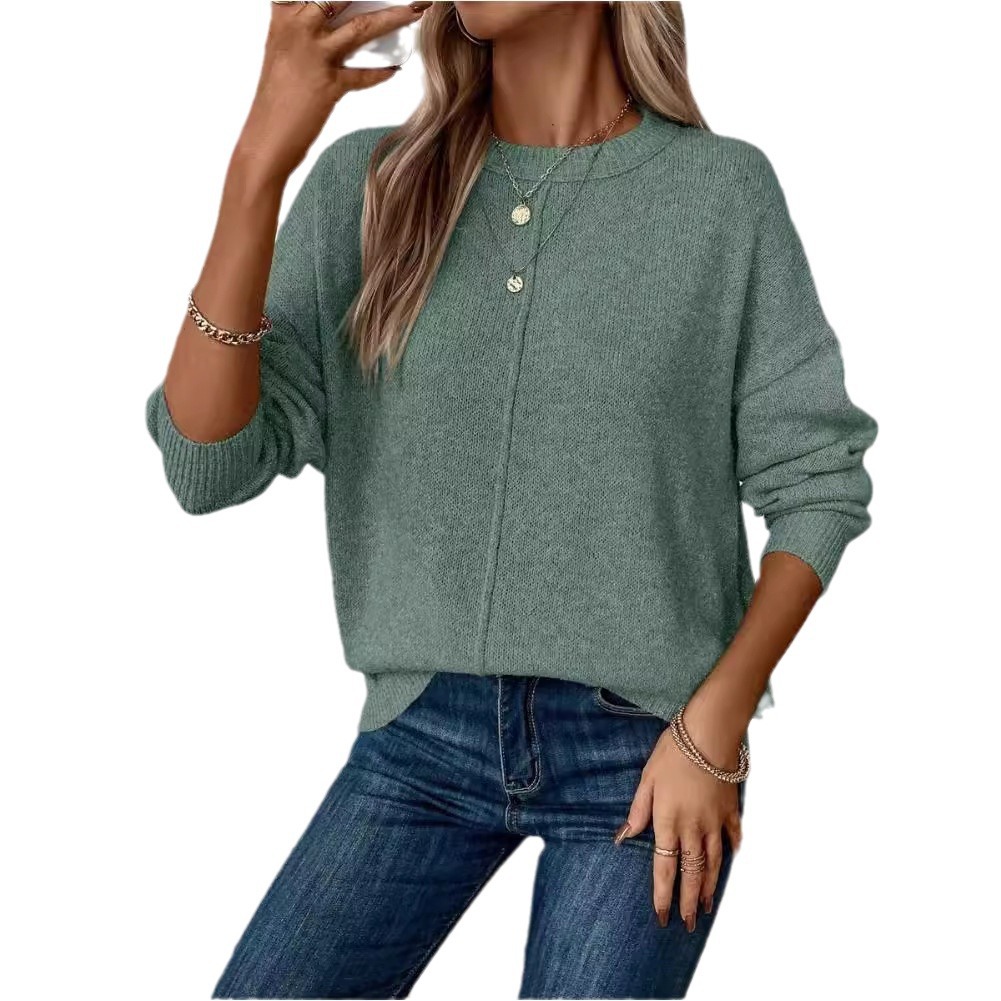 Women's Solid Color Crewneck Pullover Knit Sweater Casual Long Sleeve