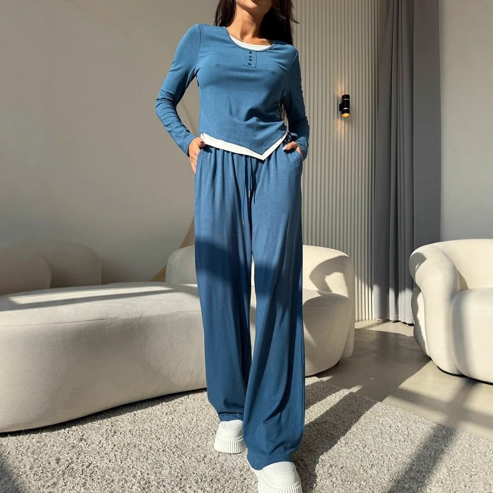Women's Solid Color Two-Piece Set with Faux-Layer Top and Tie-Waist Pants
