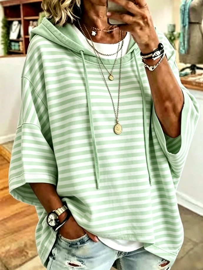 Women's Striped Hooded Pullover Sweatshirt with 3/4 Sleeves