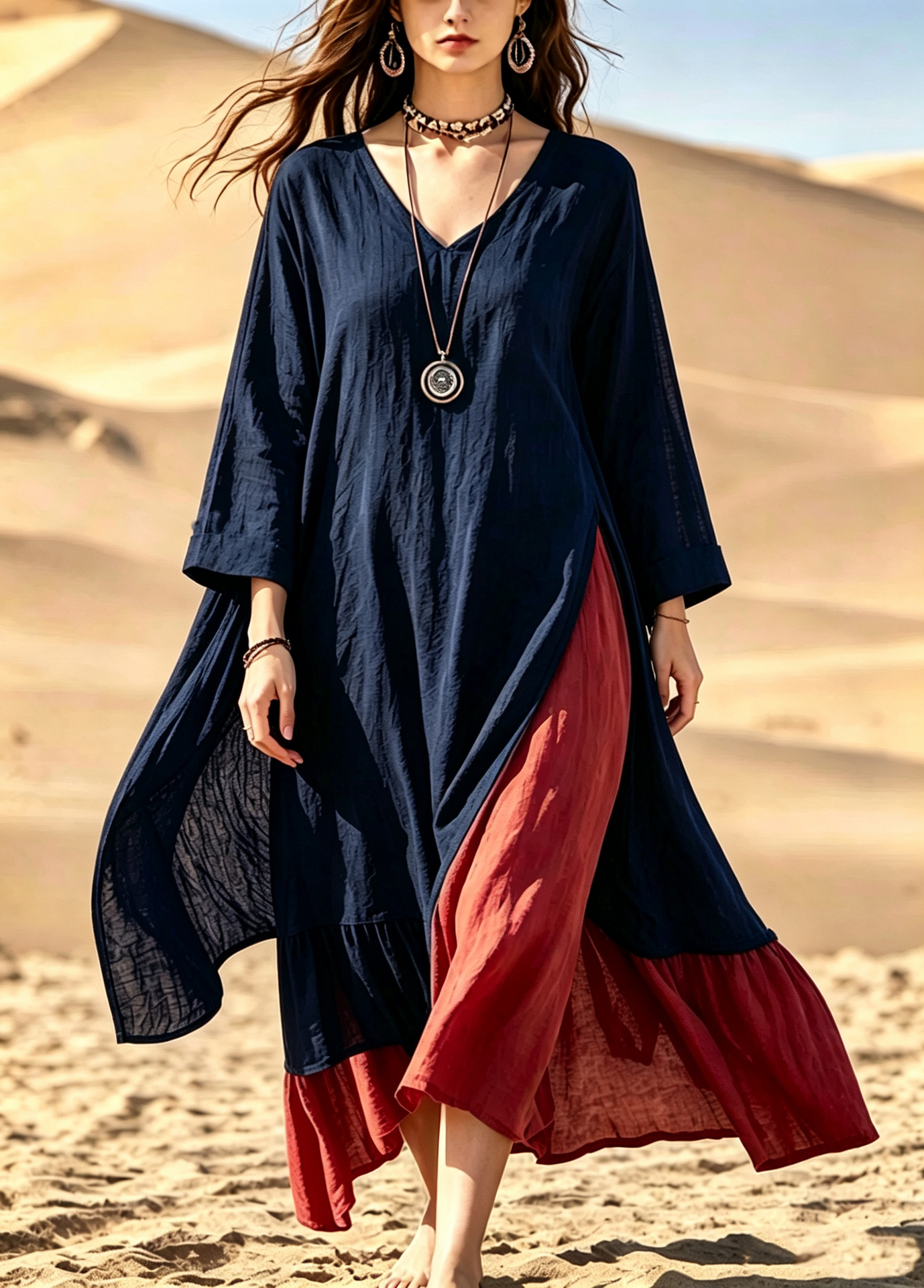 Bohemian Colorblock Patchwork Long Dress V-Neck Slit Beach Maxi