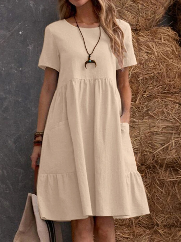 Women's Vintage Loose Solid Crewneck Cotton Dress with Pockets