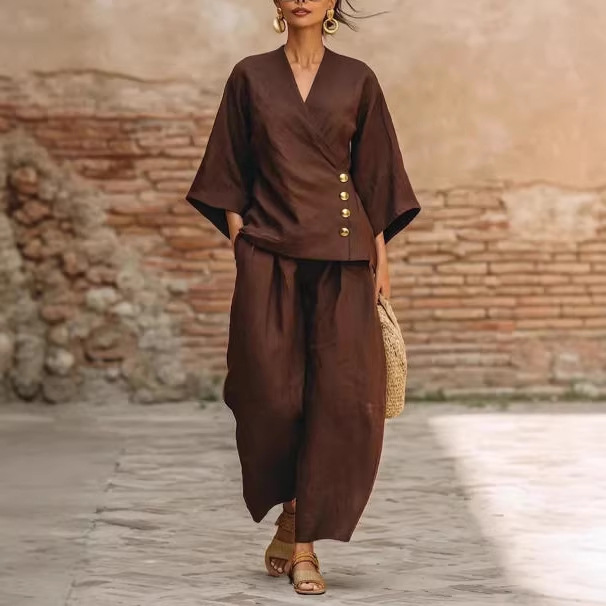 Women's Button Cardigan and Wide-Leg Pants Set